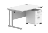 Double Upright Rectangular Desk + 3 Drawer Mobile Under Desk Pedestal 1200X800 Arctic White/Silver