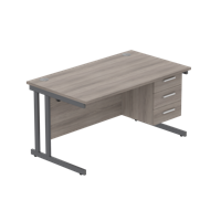 Office Rectangular Desk with Steel Double Upright Cantilever Legs + 3 Drawer Fixed Pedestal  1400X800 Alaskan Grey Oak/Graphite