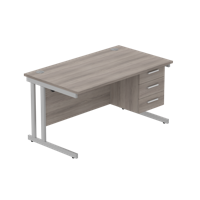 Office Rectangular Desk with Steel Double Upright Cantilever Legs + 3 Drawer Fixed Pedestal  1400X800 Alaskan Grey Oak/Silver