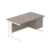 Office Rectangular Desk with Steel Double Upright Cantilever Legs + 3 Drawer Fixed Pedestal  1400X800 Alaskan Grey Oak/White