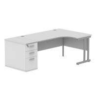 Double Upright Right Hand Radial Desk + Desk High Pedestal  800mm Deep Pedestal 1600X1200 Arctic White/Silver