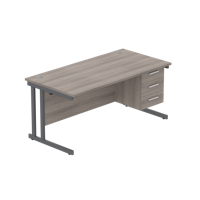 Office Rectangular Desk with Steel Double Upright Cantilever Legs + 3 Drawer Fixed Pedestal  1600X800 Alaskan Grey Oak/Graphite