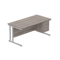 Office Rectangular Desk with Steel Double Upright Cantilever Legs + 3 Drawer Fixed Pedestal  1600X800 Alaskan Grey Oak/Silver