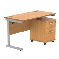 Single Upright Rectangular Desk + 2 Drawer Mobile Under Desk Pedestal 1200 X 600 Norwegian Beech/Silver