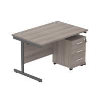 Single Upright Rectangular Desk + 3 Drawer Mobile Under Desk Pedestal (FSC) 1200 X 800 Alaskan Grey Oak/Graphite