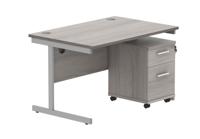 Single Upright Rectangular Desk + 2 Drawer Mobile Under Desk Pedestal (FSC) 1200 X 800 Alaskan Grey Oak/Silver