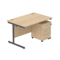 Single Upright Rectangular Desk + 3 Drawer Mobile Under Desk Pedestal (FSC) 1200 X 800 Canadian Oak/Graphite