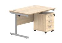 Single Upright Rectangular Desk + 3 Drawer Mobile Under Desk Pedestal (FSC) 1200 X 800 Canadian Oak/Silver