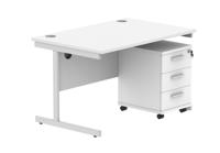 Single Upright Rectangular Desk + 3 Drawer Mobile Under Desk Pedestal 1200 X 800 Arctic White/Silver