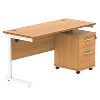 Single Upright Rectangular Desk + 2 Drawer Mobile Under Desk Pedestal (FSC) 1400 X 600 Norwegian Beech/White