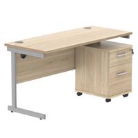 Single Upright Rectangular Desk + 2 Drawer Mobile Under Desk Pedestal (FSC) 1400 X 600 Canadian Oak/Silver