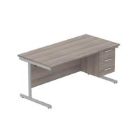Office Rectangular Desk with Steel Single Upright Cantilever Legs + 3 Drawer Fixed Pedestal  1600X800 Alaskan Grey Oak/Silver