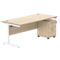 Single Upright Rectangular Desk + 2 Drawer Mobile Under Desk Pedestal (FSC) 1800 X 800 Canadian Oak/White