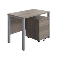 Goal Post Rectangular Desk + 2 Drawer Mobile Pedestal 1000x600 Grey oak/Silver