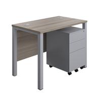 Goal Post Rectangular Desk + 3 Drawer Steel Pedestal 1000x600 Grey oak/Silver