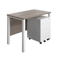 Goal Post Rectangular Desk + 3 Drawer Steel Pedestal 1000x600 Grey oak/White