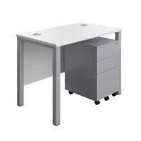 Goal Post Rectangular Desk + 3 Drawer Steel Pedestal 1000x600 White/Silver