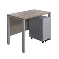 Goal Post Rectangular Desk + 3 Drawer Slimline Steel Pedestal 1000x600 Grey oak/Silver