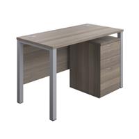 Goal Post Rectangular Desk + 3 Drawer High Mobile Pedestal 1200x600 Grey oak/Silver