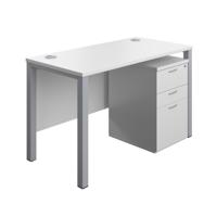 Goal Post Rectangular Desk + 3 Drawer High Mobile Pedestal 1200x600 White/Silver