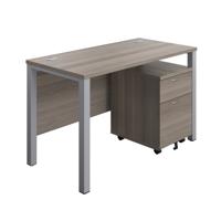 Goal Post Rectangular Desk + 2 Drawer Mobile Pedestal 1200x600 Grey oak/Silver