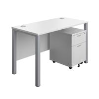 Goal Post Rectangular Desk + 2 Drawer Mobile Pedestal 1200x600 White/Silver