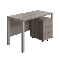 Goal Post Rectangular Desk + 3 Drawer Mobile Pedestal 1200x600 Grey oak/Silver