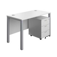 Goal Post Rectangular Desk + 3 Drawer Mobile Pedestal 1200x600 White/Silver