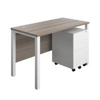 Goal Post Rectangular Desk + 3 Drawer Steel Pedestal 1200x600 Grey oak/White