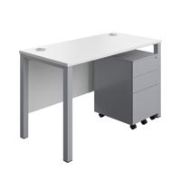 Goal Post Rectangular Desk + 3 Drawer Steel Pedestal 1200x600 White/Silver