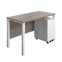 Goal Post Rectangular Desk + 3 Drawer Slimline Steel Pedestal 1200x600 Grey oak/White