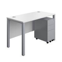 Goal Post Rectangular Desk + 3 Drawer Slimline Steel Pedestal 1200x600 White/Silver