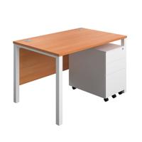Goal Post Rectangular Desk + 3 Drawer Steel Pedestal 1200x800 Beech/White