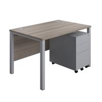 Goal Post Rectangular Desk + 3 Drawer Steel Pedestal 1200x800 Grey oak/Silver