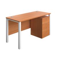 Goal Post Rectangular Desk + 3 Drawer High Mobile Pedestal 1400x600 Beech/White