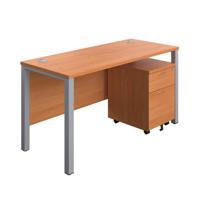 Goal Post Rectangular Desk + 2 Drawer Mobile Pedestal 1400x600 Beech/Silver