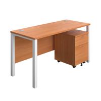 Goal Post Rectangular Desk + 2 Drawer Mobile Pedestal 1400x600 Beech/White