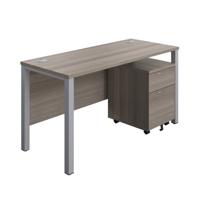Goal Post Rectangular Desk + 2 Drawer Mobile Pedestal 1400x600 Grey oak/Silver