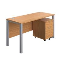 Goal Post Rectangular Desk + 2 Drawer Mobile Pedestal 1400x600 Nova oak/Silver