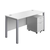 Goal Post Rectangular Desk + 2 Drawer Mobile Pedestal 1400x600 White/Silver