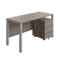 Goal Post Rectangular Desk + 3 Drawer Mobile Pedestal 1400x600 Grey oak/Silver