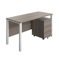 Goal Post Rectangular Desk + 3 Drawer Mobile Pedestal 1400x600 Grey oak/White
