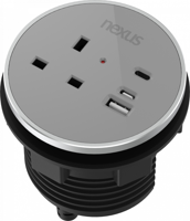 Circular In-Desk Power Module: 1 Outlet: 30W USB-C, 27W USB-A, USB-C Blank Black Housing/Silver Bezel/Grey Veneer