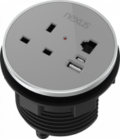 Circular In-Desk Power Module: 1 Outlet: 30W USB-C, 27W USB-A, RJ45 Blank Black Housing/Silver Bezel/Grey Veneer
