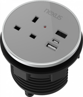 Circular In-Desk Power Module: 1 Outlet: 30W USB-C, 27W USB-A, USB-A Blank Black Housing/Silver Bezel/Grey Veneer
