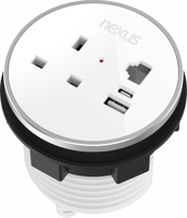 Circular In-Desk Power Module: 1 Outlet: 30W USB-C, 27W USB-A, RJ45 Blank White Housing/Silver Bezel/White Veneer