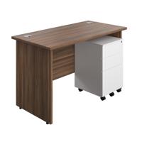 Panel Rectangular Desk + 3 Drawer Steel Pedestal Bundle 1200X600 Dark Walnut/White