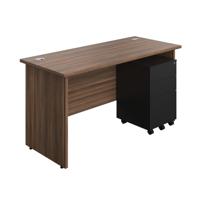 Panel Rectangular Desk + 3 Drawer Steel Pedestal Bundle 1400X600 Dark Walnut/Black