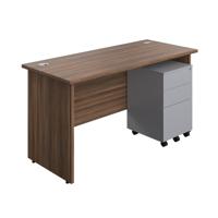 Panel Rectangular Desk + 3 Drawer Steel Pedestal Bundle 1400X600 Dark Walnut/Silver