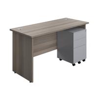 Panel Rectangular Desk + 3 Drawer Steel Pedestal Bundle 1400X600 Grey Oak/Silver